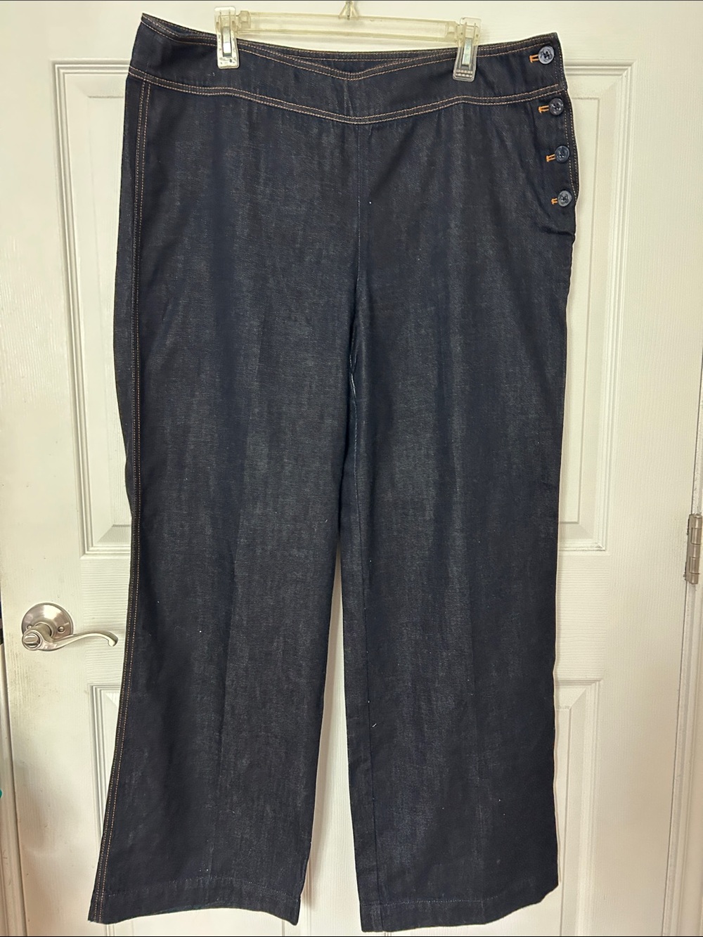 Ralph Lauren Dark Indigo Wide-Leg Jeans with Side Button Detail, Like New.
